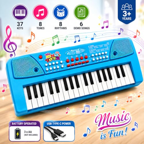 Image of Kids Piano Keyboard with Mic | 37 Keys, 8 Rhythms, 8 Tones & 6 Demo Songs | Electronic Musical Toy for Boys & Girls Age 2-5 | Educational & Recording Keyboard for Beginners - (Sky Blue)