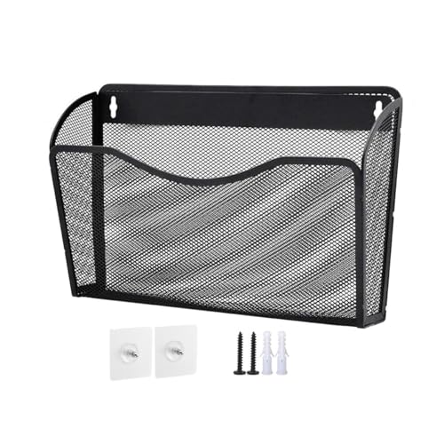 AIMALL Wall Mounted Mesh File Organizer Rack Black Hanging Magazine Holder with Hooks, Durable Metal Basket for Home Office Document Storage, 13.77x4.13x8.66in