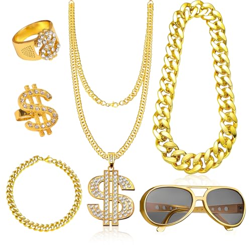 6 Pz Collana Rapper Dollar Sign Rapper Collana Dollaro Accessori Rapper Rapper Costume Festa a Tema 8090 Carnevale Retro Styling Halloween Natale Trucco Festa di Compleanno Dress Up Accessori Hip Hop