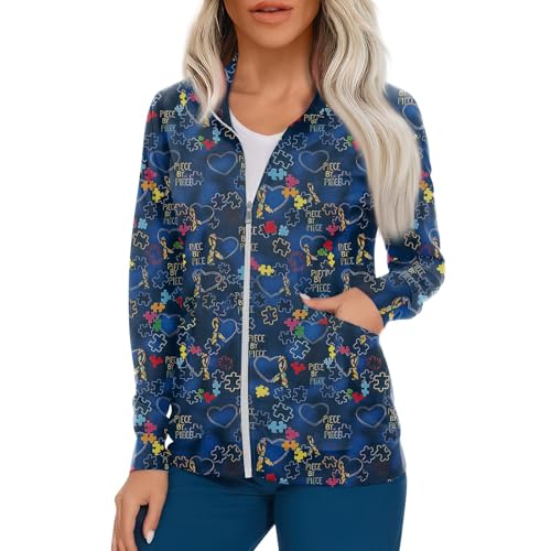 Scrub Jackets for Woman Zip Up Long Sleeve Tops Print Plus Size Womens Scrubs for Women Nursing Shirts with Pockets