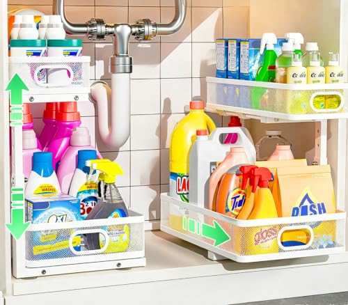 Dolesman Under Sink Organizer 2 Pack, High Adjustable 2 Tier Under Sink Organizers and Storage, Slide out Metal Cabinet Organizers, Pull out Storage Drawer Shelf for Kitchen Bathroom Cabinet (White)