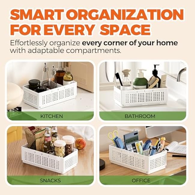 2PACK Pantry Organizers and Storage - Kitchen Storage Organization with 3 Compartments for Kitchen Cabinet, Pantry, Shelf, Drawer, Fridge, Bathroom, Medium Cabinet Organization, White