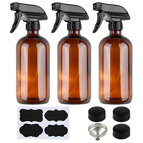 Empty Amber Glass Spray Bottles with Funnel and Labels for Essential Oils (3 Pack) 16 oz Refillable Container - Trigger Sprayer with Mist and Stream Settings or Aromatherapy