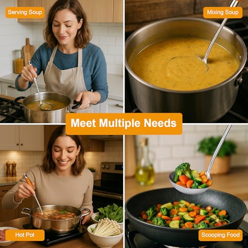 FJNATINH Soup Ladle, Stainless Steel Ladle with Heat Resistant Wooden Handle, Food Grade Metal Cooking Soup Spoon Kitchen Tools, Easy to Clean