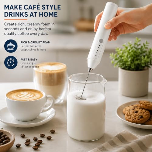 Image of Handheld Electric Milk Frother for Coffee, USB Rechargeable Foam Maker for Cappuccino Latte, Egg Beater & Coffee Whisk, Portable Stainless Steel Frother for Home Kitchen Cafe - White