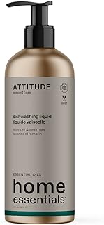 ATTITUDE Dish Soap with Essential Oils, EWG Verified, Plant and Mineral-Based Ingredients, Vegan Household Products, Lavender and Rosemary, Refillable Aluminum Bottle, 473 mL