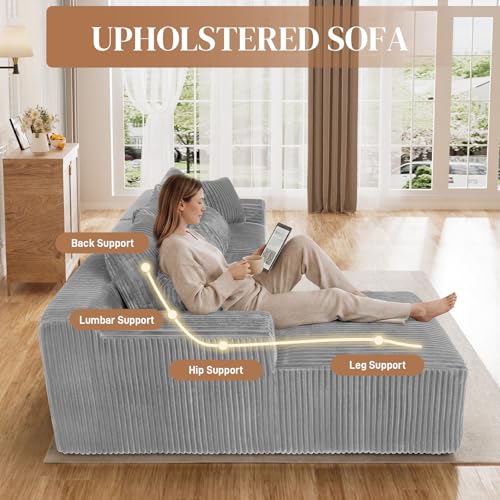 Image of 110 inch L Shaped Cloud Boneless Sectional Couches for Living Room, Modern Comfy Modular Deep Seat Memory Foam Compressed Corduroy Sofa Oversized Left Facing Chaise, No Assembly Required, Grey