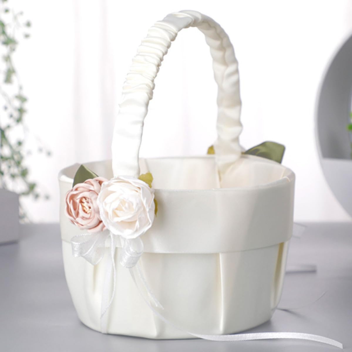 jojofuny Set de Coussin pour Alliances et Panier de Demoiselle D'honneur en Satin Blanc avec Nœud Élégant, pour Cérémonie de Mariage Romantique et Délicate
