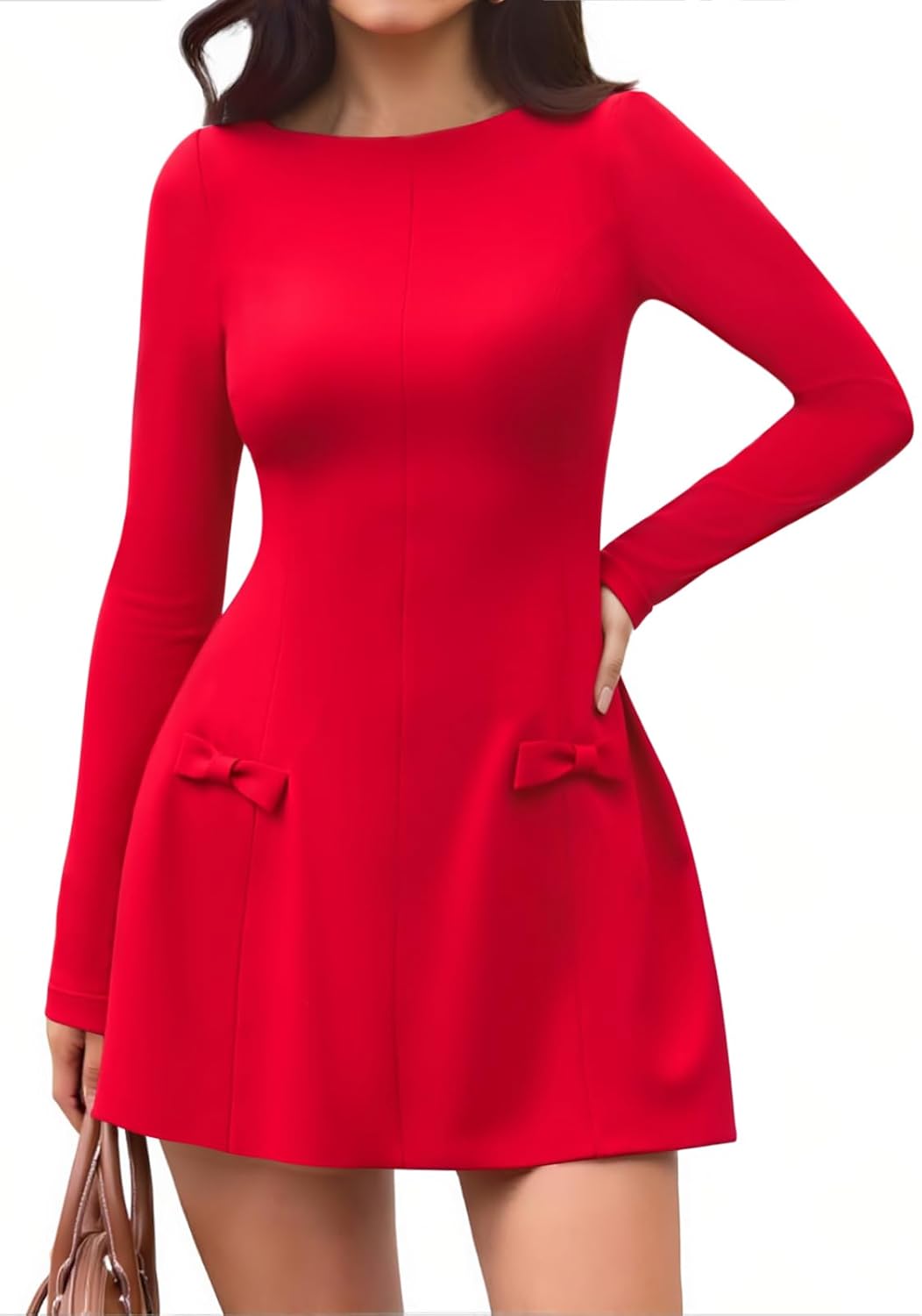 Yousify Womens Boat Neck Mini Dress Long Sleeve A-Line Side Bows Club Party Date Night Bodycon Dresses