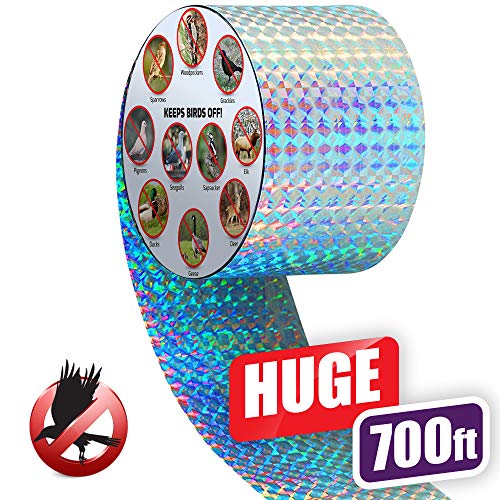 Premium Quality Bird Deterrent Reflective Scare Tape Ribbon 700 ft Long – Pest Control Dual-sided Repellent For Pigeons, Grackles, Woodpeckers, Geese, Herons, Blackbirds & More – Sturdy & Ultra Strong