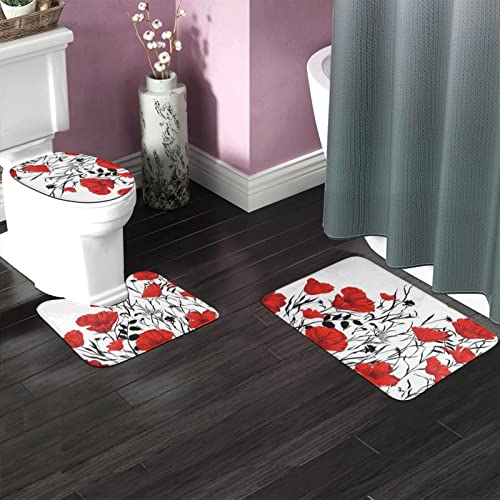 DIRYKILP Badematte + Konturmatte + Toilettendeckelbezug, rote Mohnblume 3-teiliges Badematten-Set, mit rutschfester Unterseite – Bild 3
