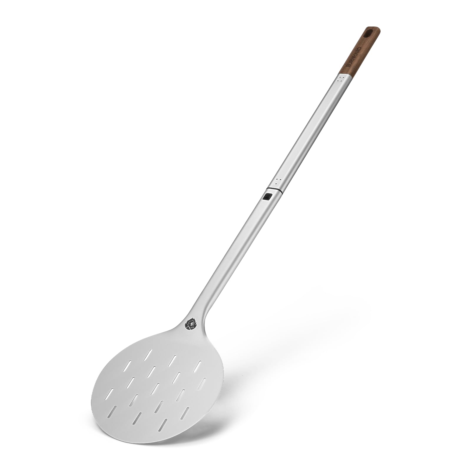 BURNHARD® Pizzawender Pizza Turning Peel rund, Aluminium-Schaufel perforiert mit Akazienholz-Griff & Steckmechanismus, temperaturbeständig für Pizzaofen – 95 cm x 18 cm x 1,6 cm