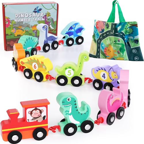 image for HELLOWOOD Dinosaur Toys for Toddlers Age 2-4, Wooden Dinosaur Train Se