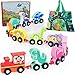 HELLOWOOD Dinosaur Toys for Toddlers Age 2-4, Wooden Dinosaur Train Set with Playmat/Storage Bag, Montessori Educational Toys for 2+ Years Old Boys & Girls