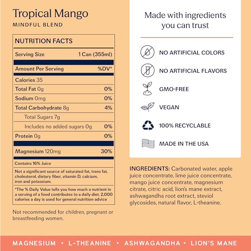 TRIP Lightly Sparkling Adaptogen Drink, Non Alcoholic Drink with Magnesium, Ashwagandha, Lions Mane & L Theanine, No Added Sugar Mocktail, Vegan, Tropical Mango, 12 Oz, 12Pk