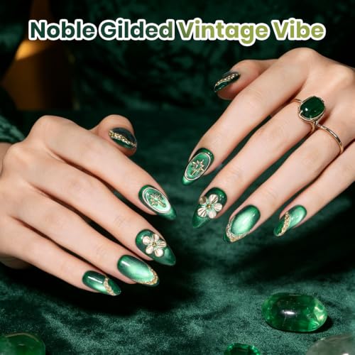 Image of Beetles Green Gel Nail Polish Set, Olive Sage Glitter Cat Eye Shade