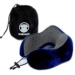 Makimoo Memory Foam Travel Pillow, Neck Pillow with 360-Degree Head Support, Comfortable and Lightweight, Ideal for Sleeping on Airplane, Car, Train, Bus and Home Use, Comes with Storage Bag (Blue)
