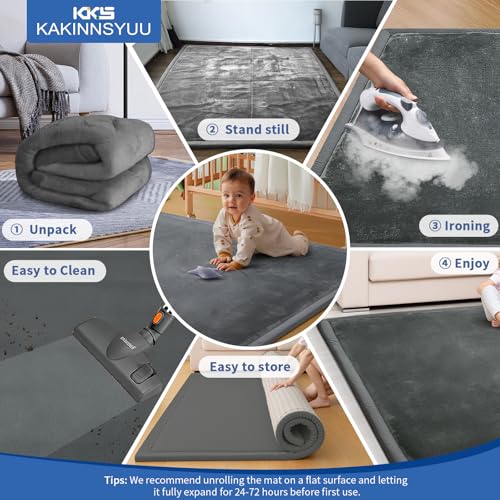 Image of 1.3 inch Thick Large Baby Play Mat 79 inchx59 inch - Non-Slip Memory Foam Crawling Mat for Tummy Time, Playpen, Nursery, Living Room, Dark Gray