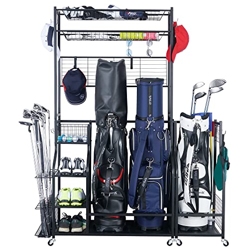 Mythinglogic Golf Bag Storage Garage Organizer,2 Golf Bags Storage Stand and Golfing Equipment Accessories Storage Rack with 4 Removable Hooks, Extra Golf Clubs Display Rack