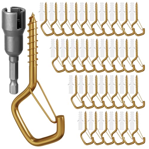 GIPTIME Ganchos de Rosca, 50 Piezas Ganchos de Tornillo con Hebilla de Seguridad, Ganchos de Pared de Acero Inoxidable, Ganchos Techo Gancho Atornillable para Colgar Luces, Macetas(Dorado)