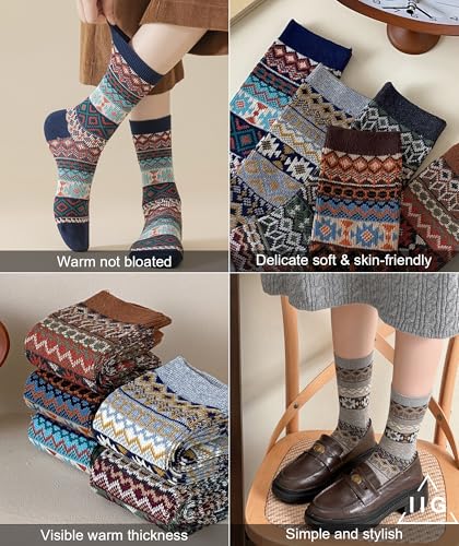 Image of IIG 3-5 Pairs Womens Vintage Cozy Crew Socks Soft Cute Neutral Cotton Socks Exquisite Patterns Socks Gift