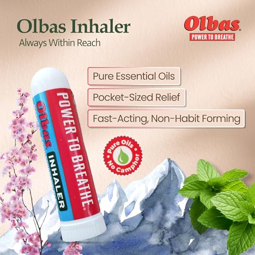 Image of Olbas Inhaler Aromatherapy, Essential Oil Inhaler with Natural Oils, 0.01 Oz Each, 3 Pack, Pocket Sized Nasal Inhaler Stick for Clear Breathing and Sinus Relief.