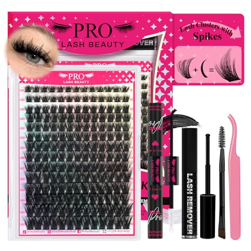 PROLASHBEAUTY Spiky Lash Clusters Manga Lash Clusters Kit 100D Thick Individuals Lashes with Spikes Lash Bond and Seal Lash Remover Lash Tweezer Apply at Home(100D, 8-18mix)