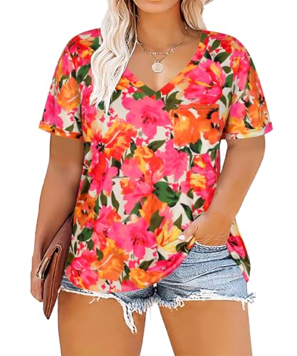 Image of TIYOMI Plus Size Tops for Women V Neck Tshirts Basic Tunic Casual Hawaii Floral Tie Dye Camo Summer Short Sleeve Tee XL-5XL