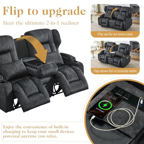 Image of Loveseat Recliner Sofa with Flip-up Console,RV Wall Hugger Recliners for Small Spaces,Reclining Loveseat Sofa Recliner with Cup Holders /Lumbar Pillows,RV Furniture (Gray, 68 inch 2-Seater)