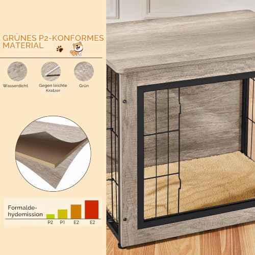 Yaheetech Hundekäfig Möbel mit Hundedecke & 2 Türen, Hundebox für Zuhause, Moderne Hundehütte Indoor, Hundebox Holz für Wohnzimmer, 69x51x61 cm, Grau