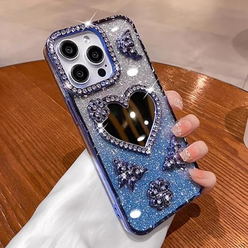 Coque iPhone 14 silicone bleu souple miroir maquillage diamant TPU