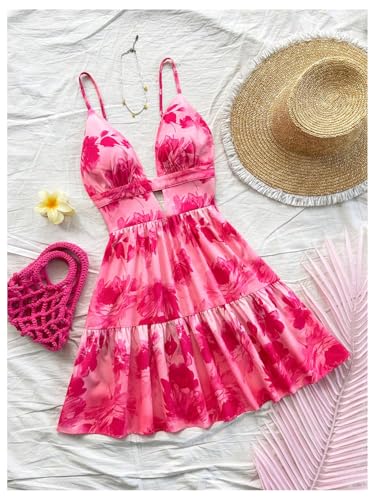 Image of Floerns Women's Sleeveless Butterfly Print Cut Out V Neck Tiered Mini Cami Dresses