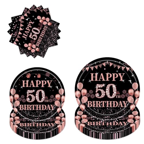 50th Birthday Party Tableware Women - 96 Pcs Rose Gold Black Paper Plates and Napkins Dinnerware Set Party Decorations For Her Him Women 50 Years Happy Birthday Party Supplies