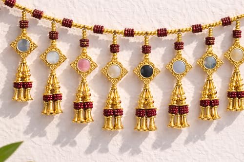 Image of iHandikart Handmade Decorative Beads Toran, with, Mirror, Flower Bell, for Beads, Size - 40 * 8 Inch, Traditional Used for - Home Decor, Fetival Decoration, (IHK-T155)