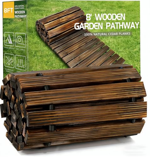 Holz Gartenweg Rollweg Ausrollbarer Holzweg 243 x 43 cm Holztritt Gartentritt Gehweg Wege im Garten Hinterhof Terrasse Bodenbelag Hochzeit Deko (Dunkelbraun Gerade 8FT)