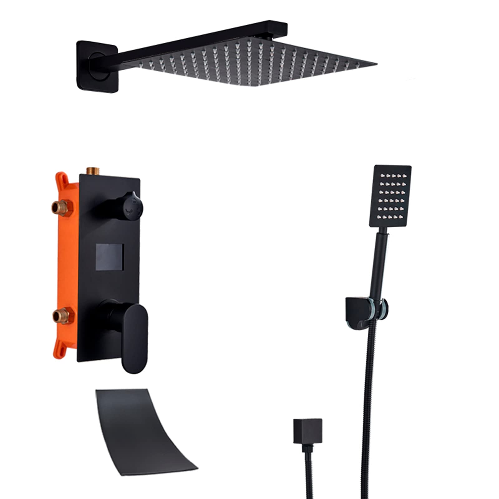 CWCQGH Shower System Digital Display Concealed Shower Faucet Set Matt Black Shower Combo Set with Brass Hand Shower and Waterfall Rainfall Shower Head Advanced Air Injection Technology,10