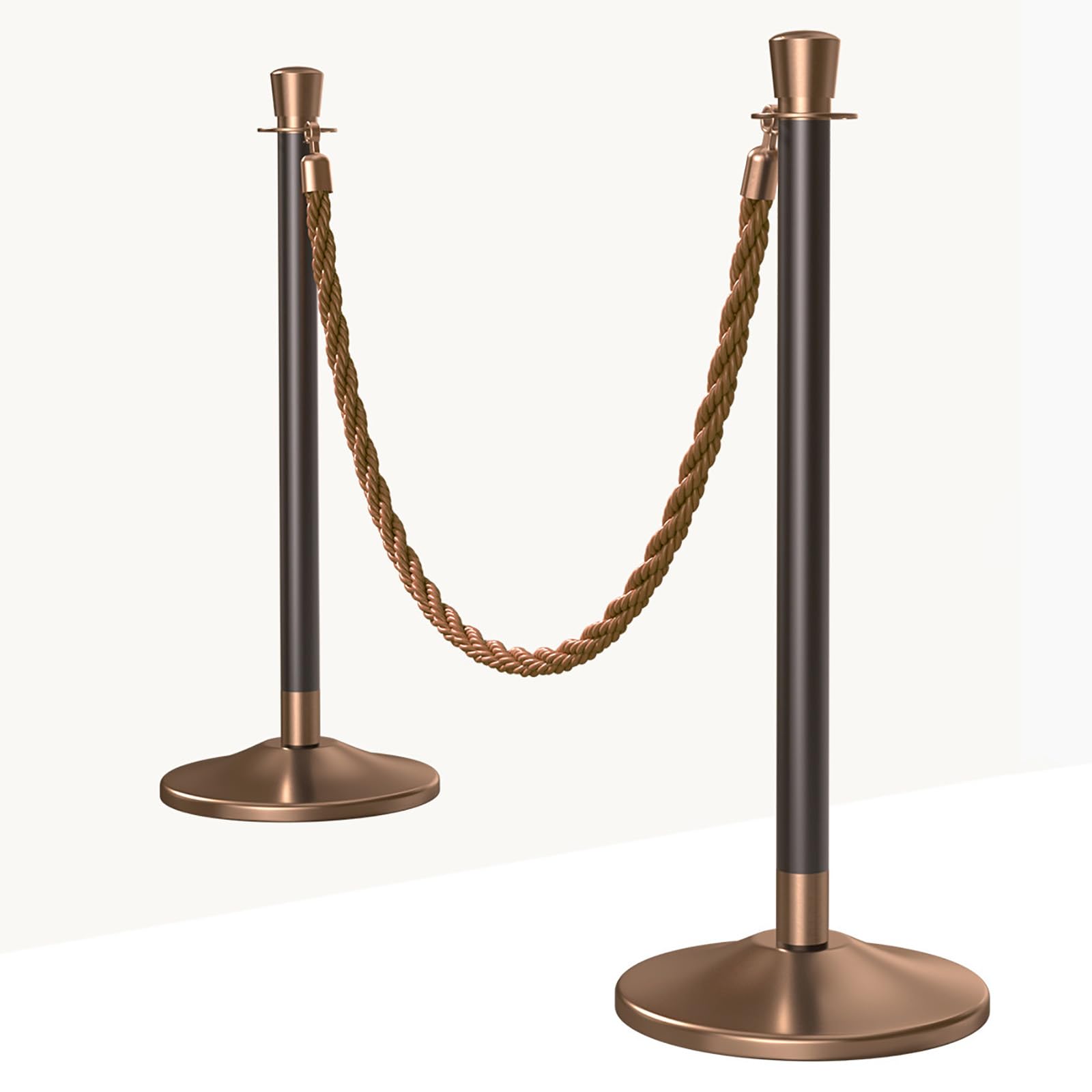 Lot de 2 Poteaux de Guidage avec Corde en Chanvre 1,5 m, Barrière de File avec Base Lestée pour Mariages, Hôtels, Tapis Rouge, Événements brown