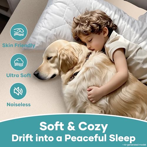 Image of OhGeni Waterproof Mattress Protector, Queen Size Mattress Pad Fitted with Deep Pocket 6 inch-18 inch, Breathable Noiseless Soft, Washable DirtProof Mattress Cover, Beige, More Than 99 pcs fibers, Daybed Cover