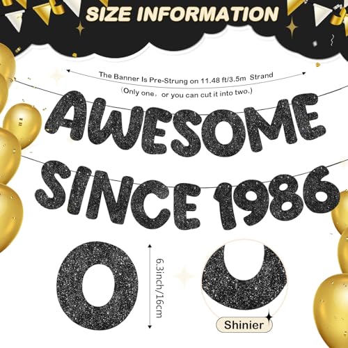Image of Fulmoon Pre-strung Awesome Since 1986 Banner Glitter Happy 40th Birthday Banner Funny 40th Birthday Decorations 1986 Party Decorations for Men Women Anniversary(Black)