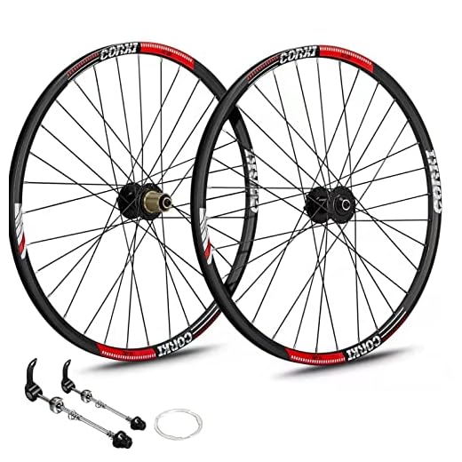 Corki Cycles Dual Disc Brake Mountain Bike Wheelset 26 x1.5-2.6 Inch Aluminum Alloy Wheelset with 32H Rims - Fits 8 9 10 11 Speed Cassettes - Comes with Front and Rear Skewers - Black