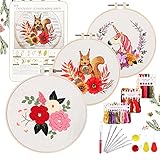 YINVA Anfänger Stickerei Set Stickerei Set, Blumenmuster Pflanzen Kreuzstich-Kit Starter Tools Kit mit 3 Stück Kunststoff-Stickrahmen, für DIY Kunst, Handwerk