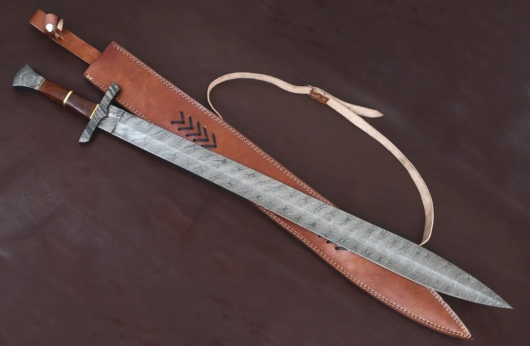Empire - Handmade Damascus Steel Double Edge Viking Sword with Leather Sheath - Rose Wood Handle - Hunting Sword - Combat Sword - Survival Sword