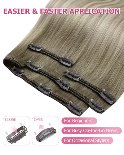 Image of YoungSee Blonde Clip in Hair Extensions 12 Inch Short Human Hair Clip ins Extensions Ash Blonde Balayage Platinum Blond, Easy to Wear at Home, Clip in Extensions Real Human Hair for Beginners 7Pcs 85G