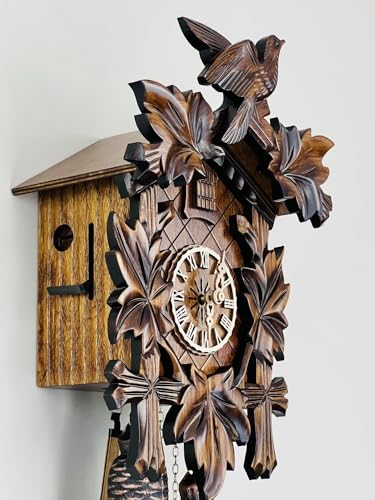 River City Clocks Traditional German Cuckoo Clock with Five Hand-Carved Maple Leaves and One Bird, 14-Inch Tall