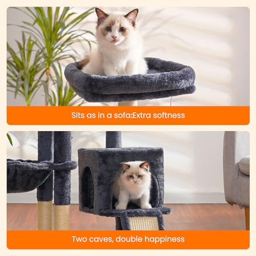 Heybly Cat Tree with Cat Self Groomer Brush, Cat Tower Condo for Indoor Cats with Padded Plush Perch, Cat House with Basket Scratching Board Post, Smoky Gray HCT005SG by Heybly - Image 3