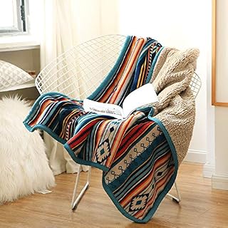 Qucover Flannel Fleece Throw Blanket Bohemian Blue Stripe Pattern Reversible Sherpa Fleece Throws for Sofa Couch Bed, Decorative Soft Comfy Blankets Small 127x152 cm