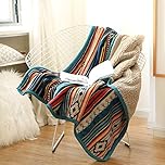 Qucover Flannel Fleece Throw Blanket Bohemian Blue Stripe Pattern Reversible Sherpa Fleece Throws for Sofa Couch Bed, Decorative Soft Comfy Blankets (150x200cm)