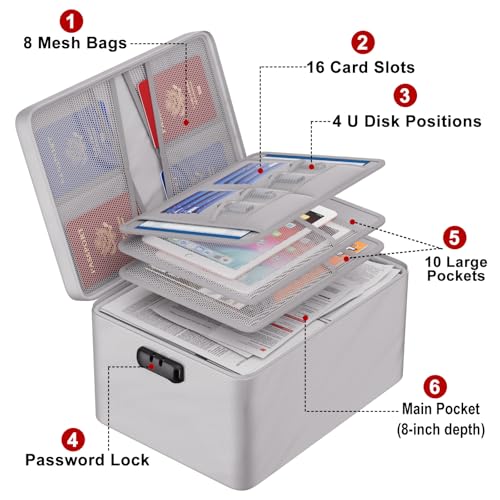 ENGPOW Organizador de documentos grande com trava (38 cm x 28 cm x 20 cm), 4 camadas à prova de fogo