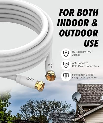 RG6 Coaxial Cable 6 FT, TV Coax Cable Wire, Quad Shielded Cable Cord, in-Wall Rated-Digital Audio Video Satellite Cable Extension, Gold Plated Compression Connectors - White, 6 Feet - 4
