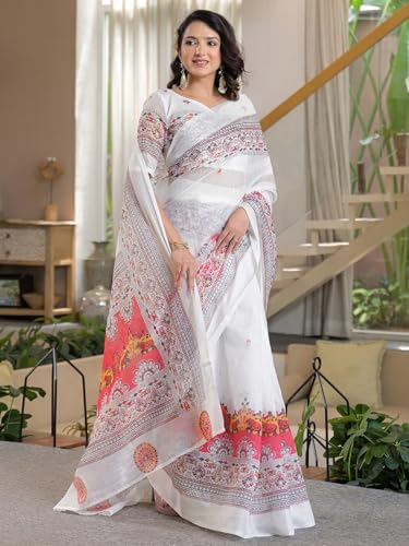 Image of Satrani Women's Linen Printed & Embroidery Ready To Wear Saree with Unstitched Blouse Piece